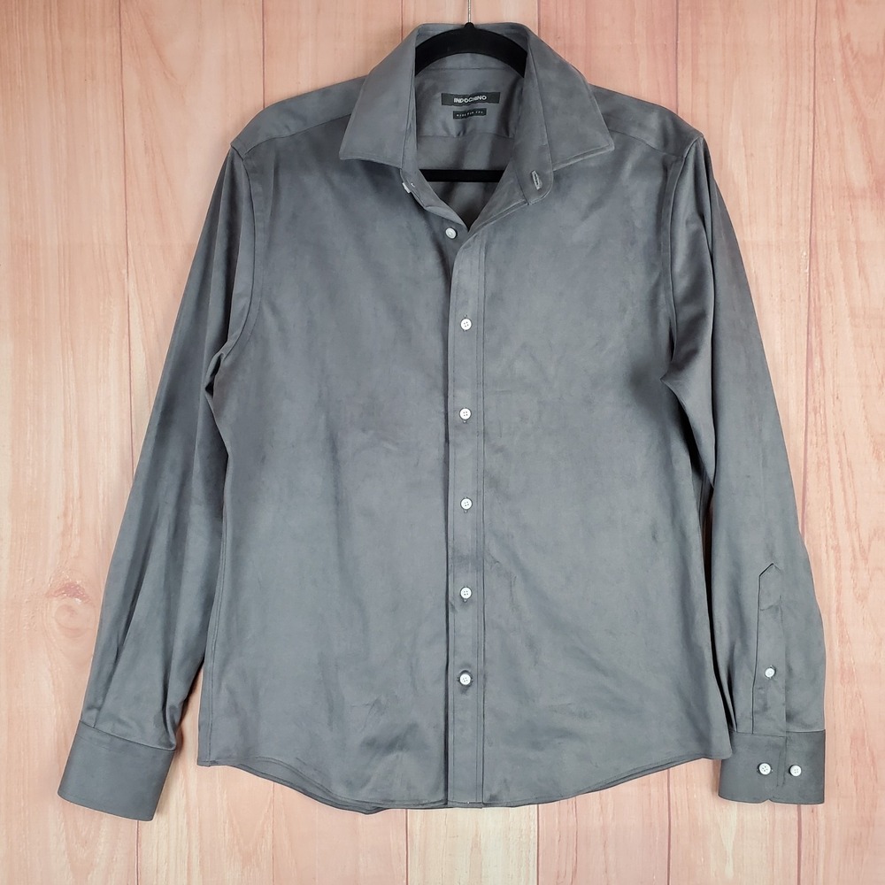 Indochino Mens Shirt Large Gray Polyester Spandex Collared Long Sleeve Button Up